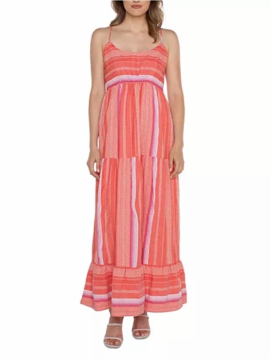 Liverpool LA Tiered Summer Maxi Dress Racerback Cotton Stripe Coral XS NWT - Picture 1 of 16